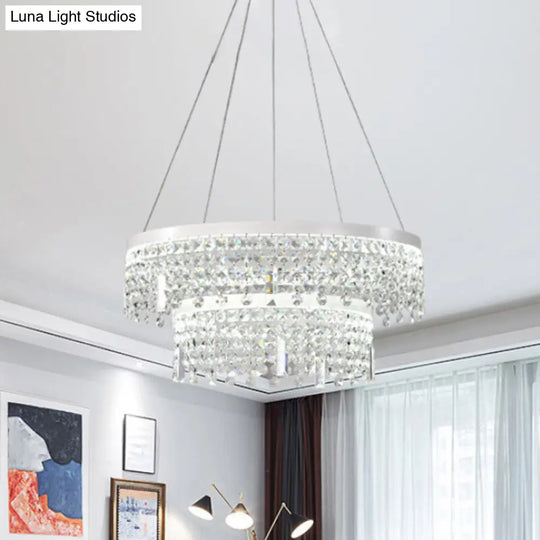 Contemporary Crystal Led Chandelier Lamp - Ring/Dual-Tiered Silver Warm/White Light Clear / White B