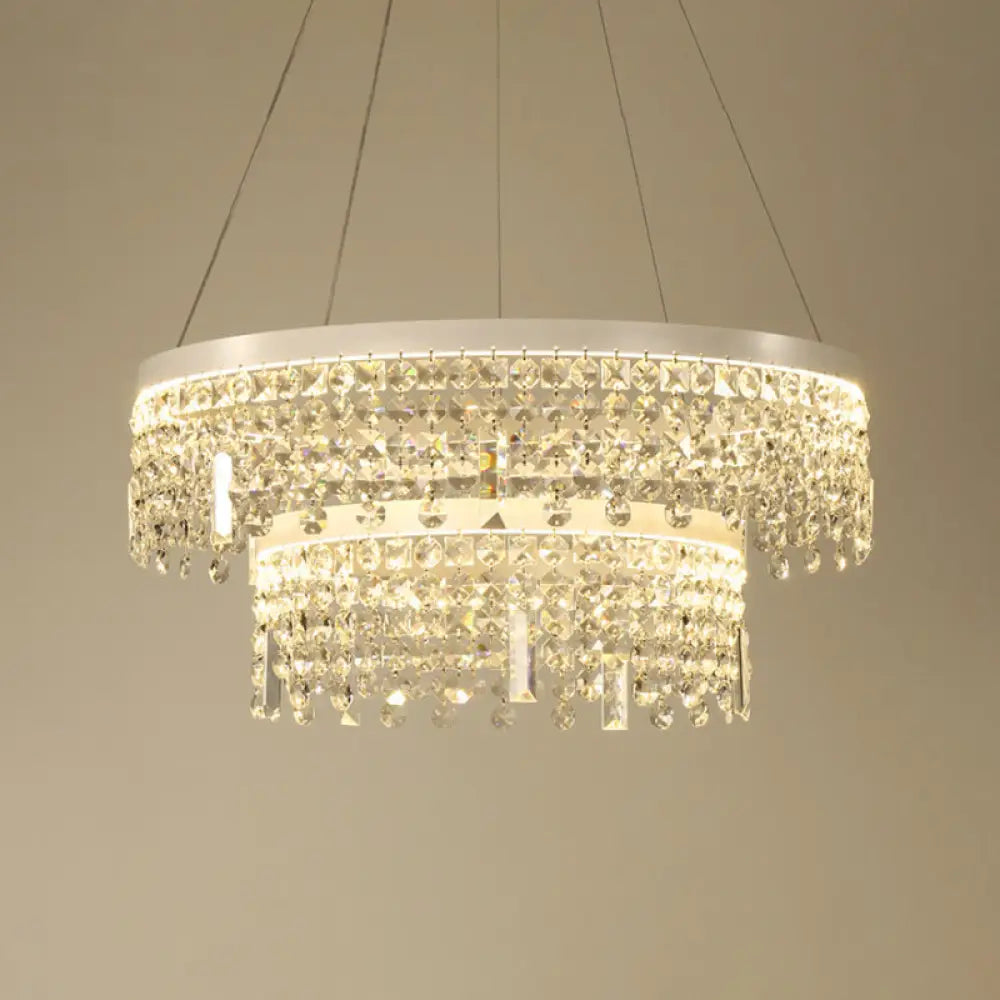 Contemporary Crystal Led Chandelier Lamp With Dual-Tiered Ring Design – Silver Suspension