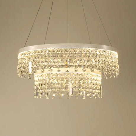 Contemporary Crystal Led Chandelier Lamp With Dual-Tiered Ring Design – Silver Suspension