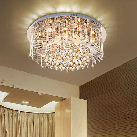 Contemporary Crystal Led Drum Ceiling Lamp With Chrome Flush Mount - 23.5/31.5 Wide