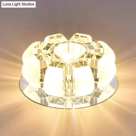 Contemporary Crystal Led Flush Mount Ceiling Light - Clear Floral Design For Entryway Textured White