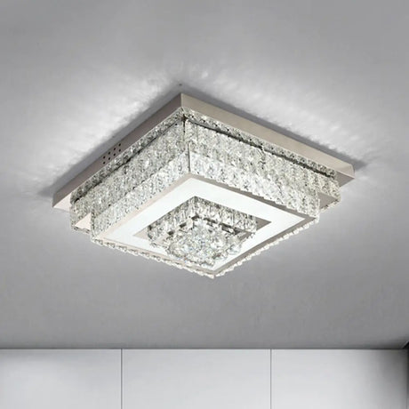 Contemporary Crystal Led Flush Mount Ceiling Light With Clear Drops For Bedroom / Square Plate