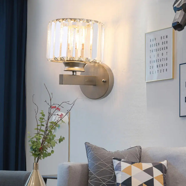 Contemporary Crystal Nickel Drum Sconce Light For Bedroom Wall