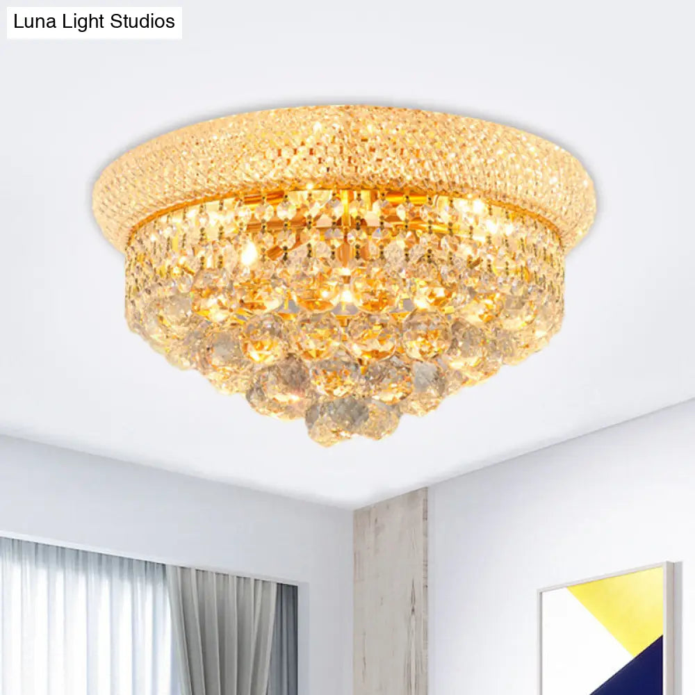 Contemporary Crystal Orb Cone Flush Mount Ceiling Light - Gold Finish 6/9 Heads 16/23.5 Wide Ideal