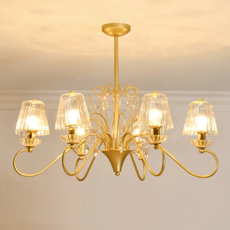 Contemporary Crystal Pendant Chandelier With Ribbed Cone Shades And Swirl Arm In Black-Gold/Gold -