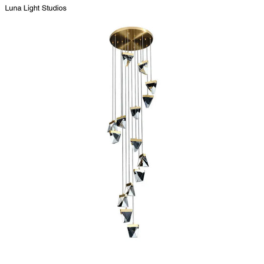 Contemporary Crystal Cluster Pendant For Stairs - Clear Triangle Spiral Hanging Light