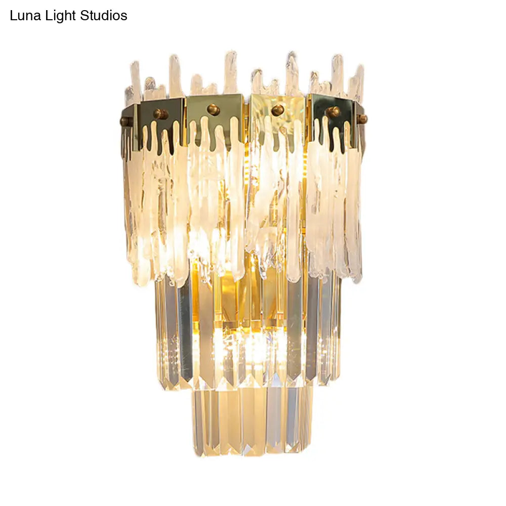 Contemporary Crystal Prisms Wall Sconce - Gold Finish 3 Bulbs Bedroom Flush Mount Light