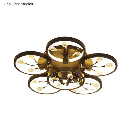 Contemporary Crystal Raindrops Semi Flush Light With Led Flower Design - Black/White Ceiling