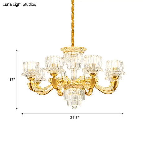 Contemporary Crystal Rectangle Chandelier - Gold Lotus Suspension Light With 6/8 Bulbs For Living
