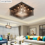 Contemporary Crystal Rod And Beaded Cubic Flush Ceiling Light - Black 4/6/9 Lights