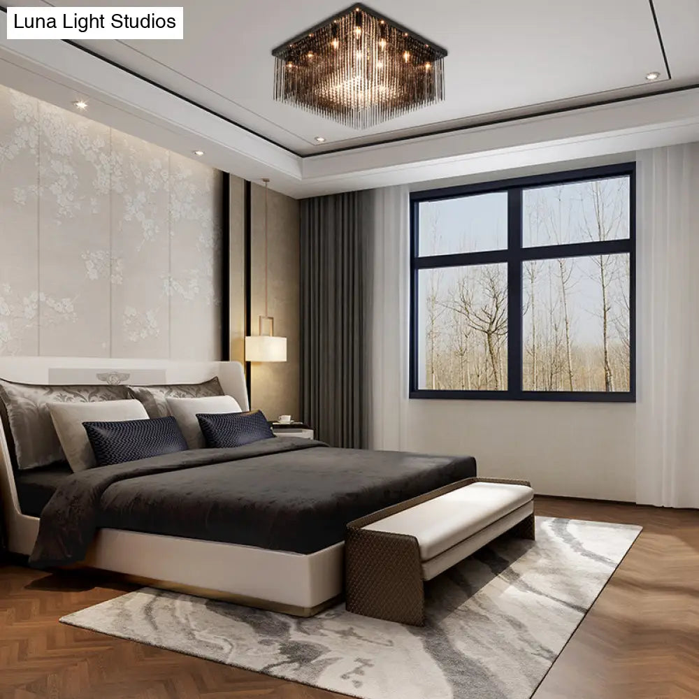 Contemporary Crystal Rod And Beaded Cubic Flush Ceiling Light - Black 4/6/9 Lights 16/19/23.5 Wide