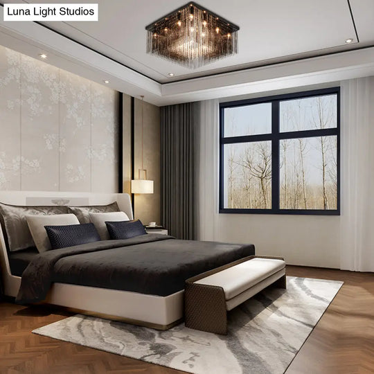 Contemporary Crystal Rod And Beaded Cubic Flush Ceiling Light - Black 4/6/9 Lights 16/19/23.5 Wide