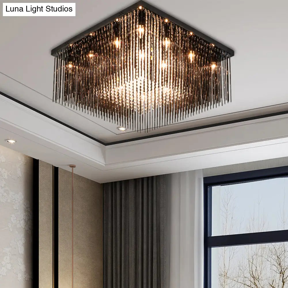 Contemporary Crystal Rod And Beaded Cubic Flush Ceiling Light - Black 4/6/9 Lights 16/19/23.5 Wide /