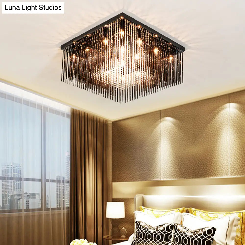 Contemporary Crystal Rod And Beaded Cubic Flush Ceiling Light - Black 4/6/9 Lights