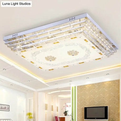 Contemporary Crystal Rod Ceiling Light In White Rectangle Design - Led Fixture With Multi-Color