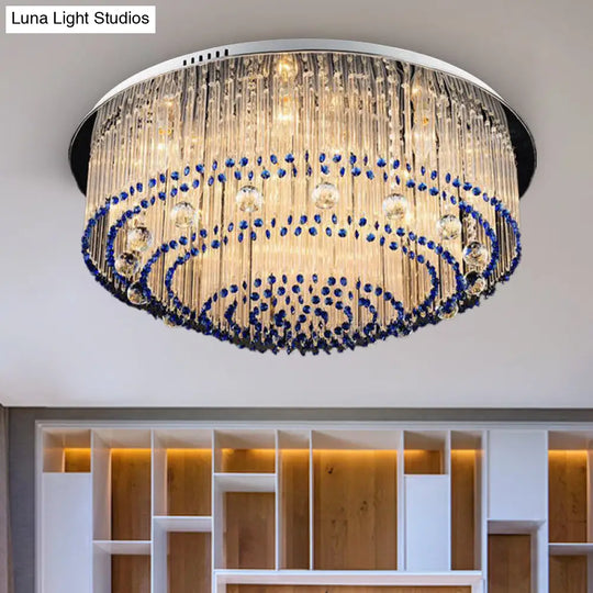 Contemporary Crystal Rod Flush Mount Lamp With 6/9/14 Lights And Nickel Finish