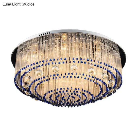 Contemporary Crystal Rod Flush Mount Lamp With 6/9/14 Lights And Nickel Finish