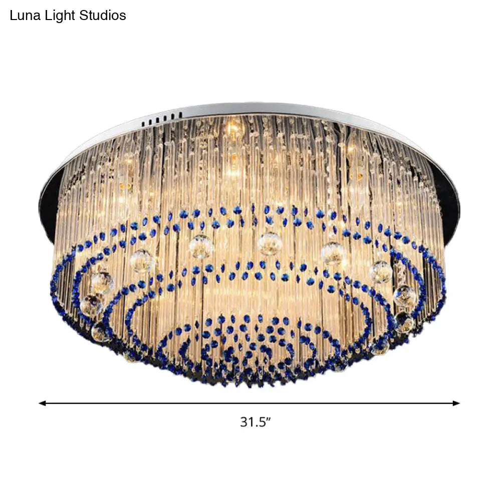 Contemporary Crystal Rod Flush Mount Lamp With 6/9/14 Lights And Nickel Finish