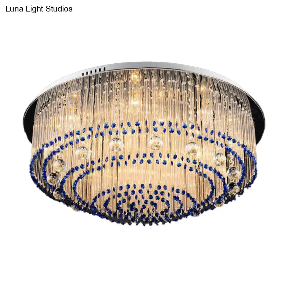 Contemporary Crystal Rod Flush Mount Lamp With 6/9/14 Lights And Nickel Finish