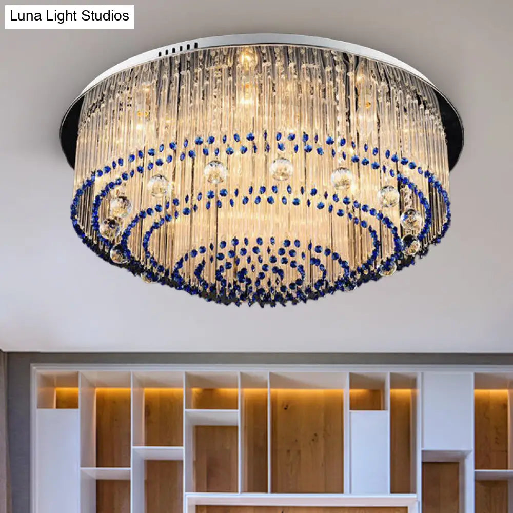 Contemporary Crystal Rod Flush Mount Lamp With 6/9/14 Lights And Nickel Finish