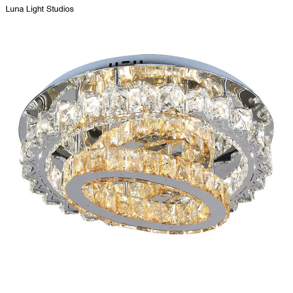 Contemporary Crystal Stainless Steel Led Semi Flush Mount Bedroom Ceiling Lamp With Tiered Hoops