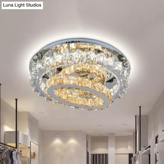 Contemporary Crystal Stainless Steel Led Semi Flush Mount Bedroom Ceiling Lamp With Tiered Hoops
