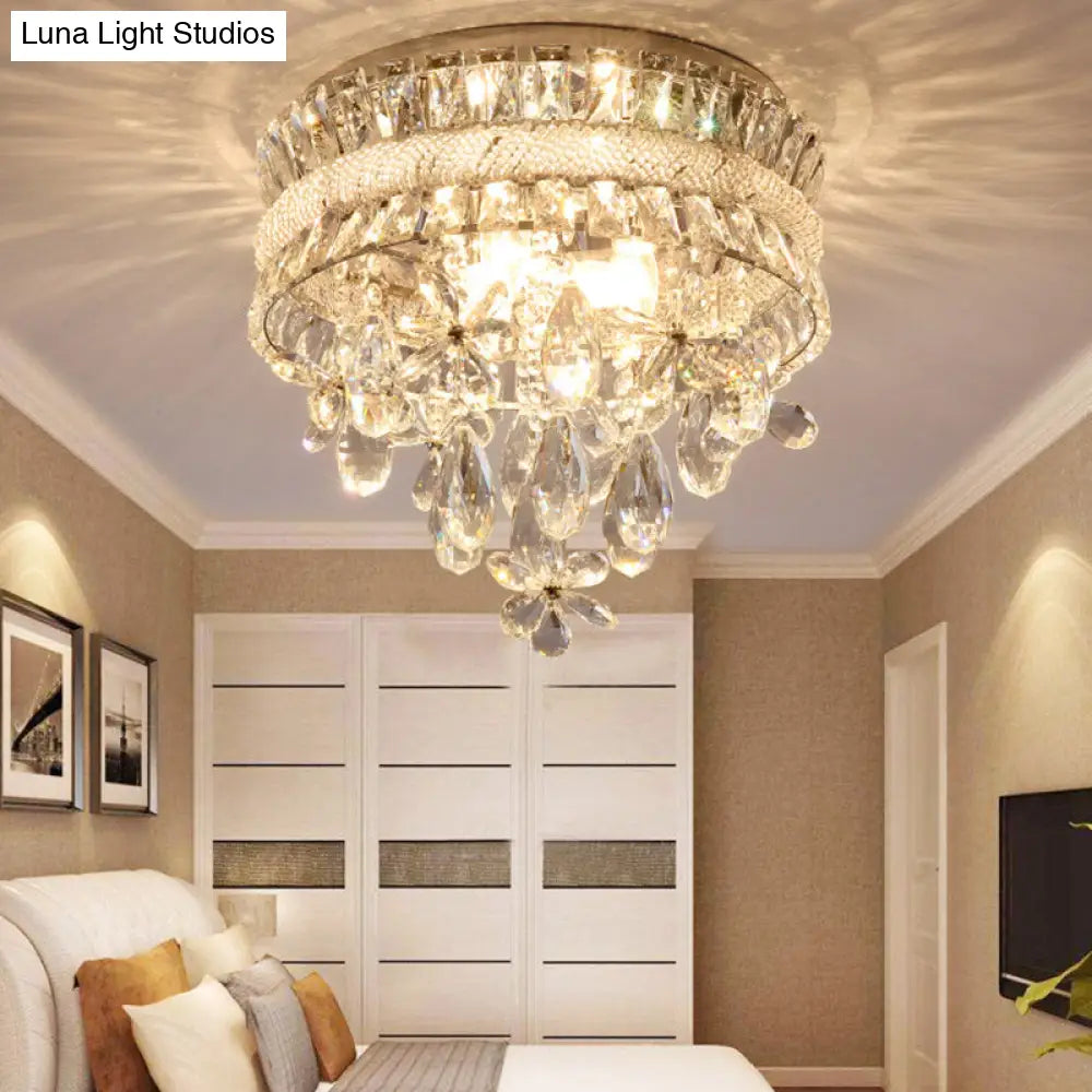 Contemporary Crystal Teardrop Flush Light - 6 Bulbs Nickel Ceiling Mount Fixture