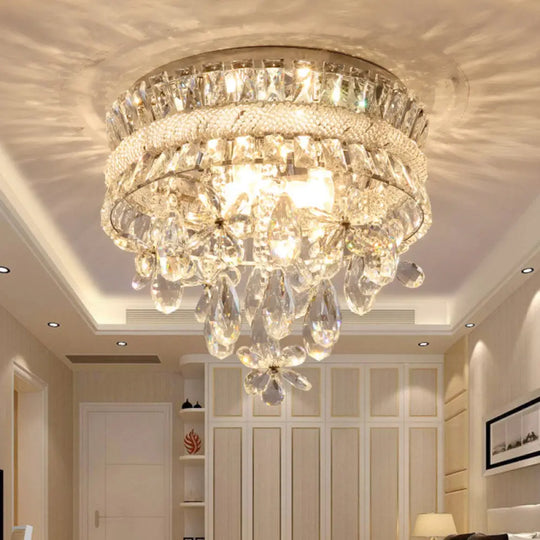 Contemporary Crystal Teardrop Flush Light - 6 Bulbs Nickel Ceiling Mount Fixture