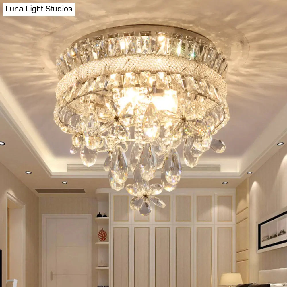 Contemporary Crystal Teardrop Flush Light - 6 Bulbs Nickel Ceiling Mount Fixture