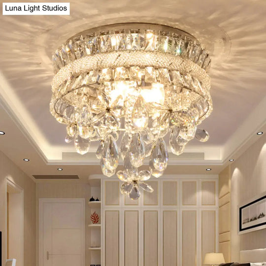 Contemporary Crystal Teardrop Flush Light - 6 Bulbs Nickel Ceiling Mount Fixture