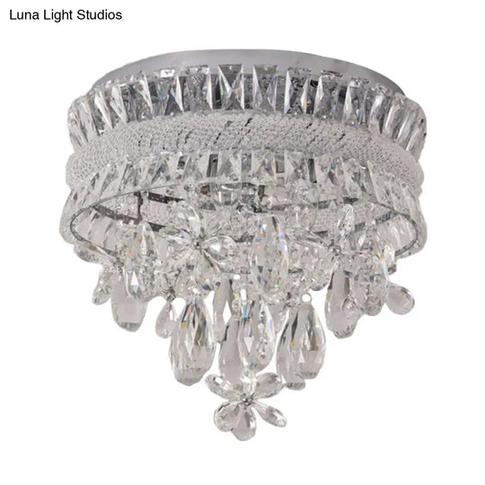 Contemporary Crystal Teardrop Flush Light - 6 Bulbs Nickel Ceiling Mount Fixture
