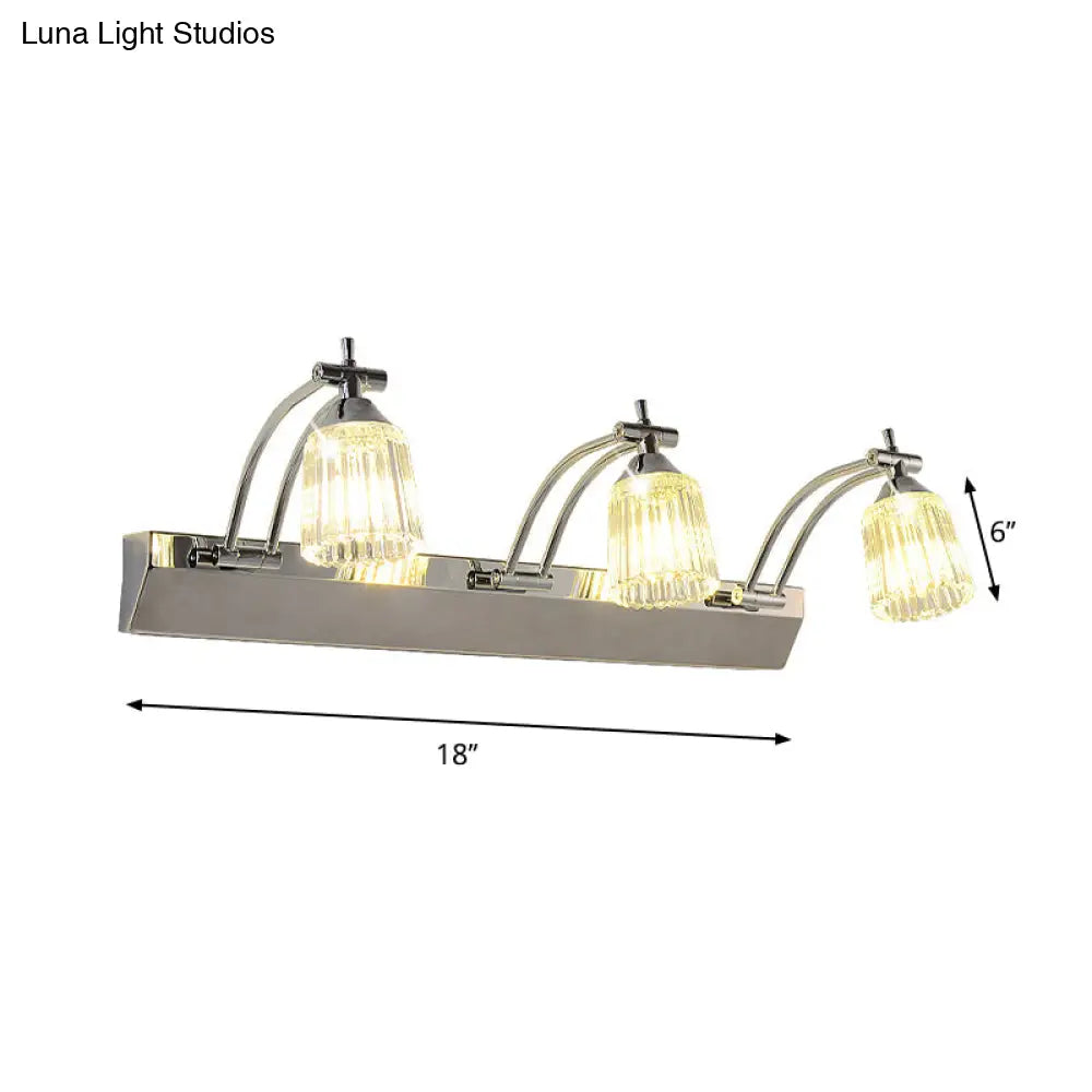 Contemporary Crystal Vanity Light - Fluted Clear Shades Silver Finish 3 Heads Warm/White