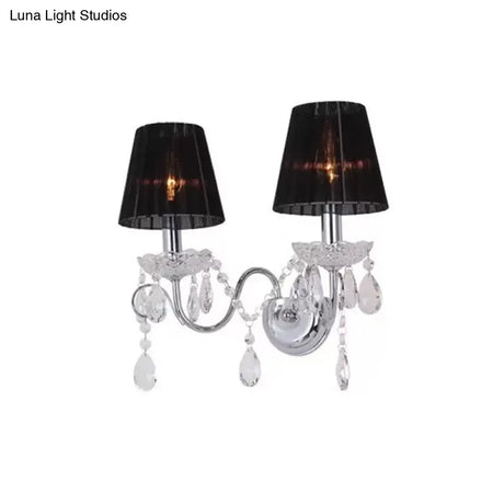 Contemporary Crystal Wall Sconce With Gathered Fabric Shade - 2 Bulb Light Fixture For Living Room