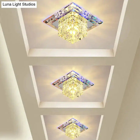 Contemporary Cube Crystal Led Flush Mount Ceiling Light In Chrome For Hallways