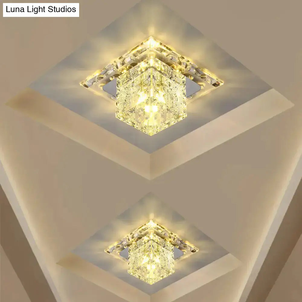 Contemporary Cube Crystal Led Flush Mount Ceiling Light In Chrome For Hallways / Warm