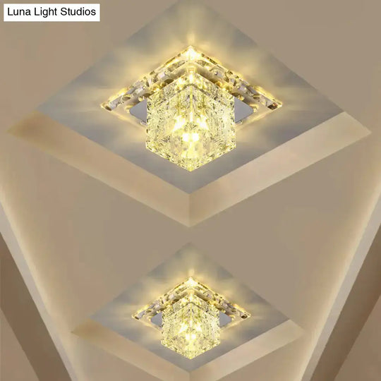 Contemporary Cube Crystal Led Flush Mount Ceiling Light In Chrome For Hallways / Warm