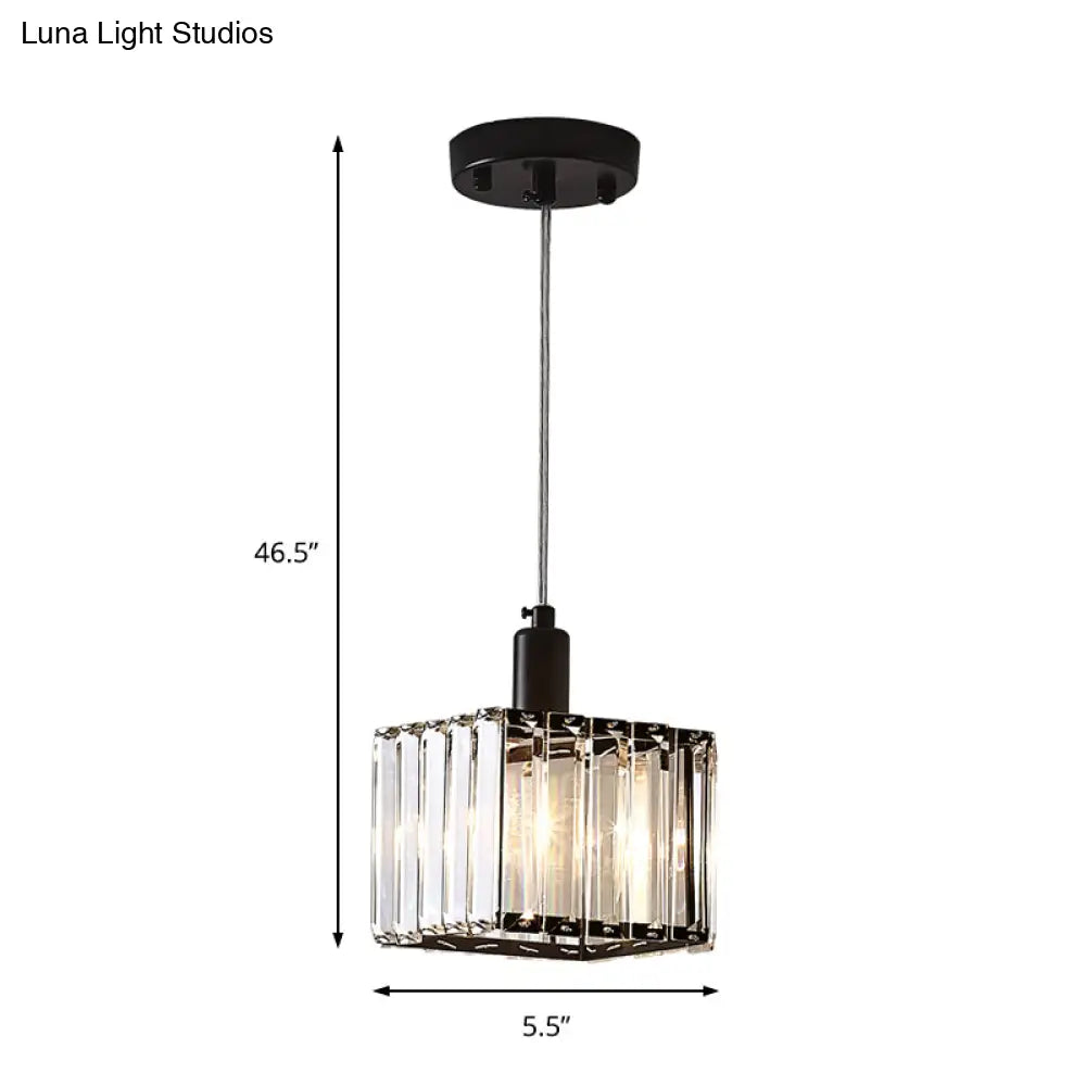 Contemporary Cubic Dining Room Pendant Lamp - 1 Light Black Ceiling With Clear Crystal Block