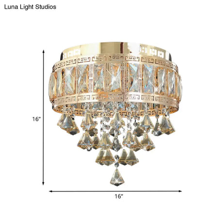 Contemporary Diamond Crystal Flush Lamp Fixture - Drum Shape 4 Lights Gold