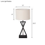 Contemporary Fabric Drum Shade Table Lamp With Modern Hourglass Design For Bedside Nightstand