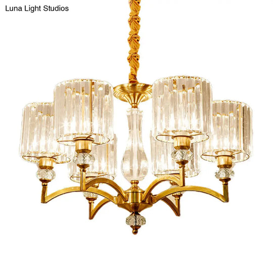 Contemporary Cylinder Chandelier With Crystal Facets - Brass Pendant Ceiling Light