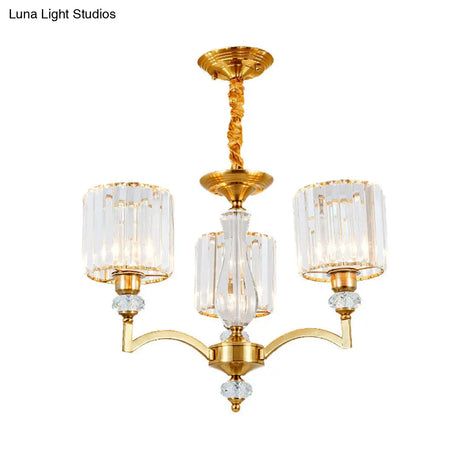 Contemporary Faceted Crystal Cylinder Chandelier - Brass Ceiling Pendant Light With 3/6/8 Bulbs