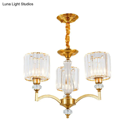 Contemporary Faceted Crystal Cylinder Chandelier - Brass Ceiling Pendant Light With 3/6/8 Bulbs