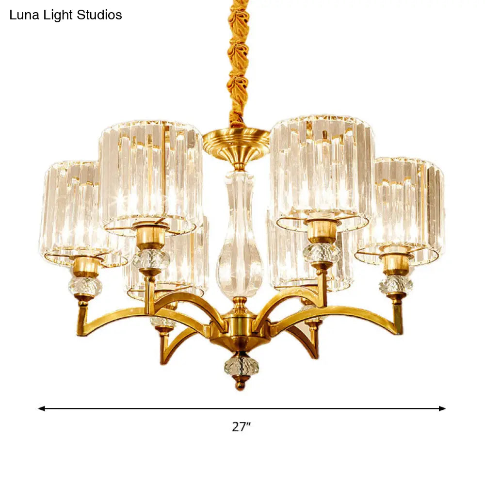 Contemporary Cylinder Chandelier With Crystal Facets - Brass Pendant Ceiling Light