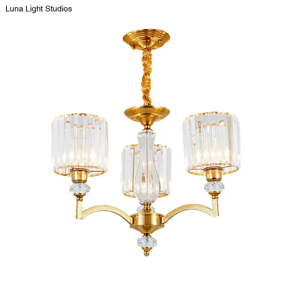 Contemporary Cylinder Chandelier With Crystal Facets - Brass Pendant Ceiling Light