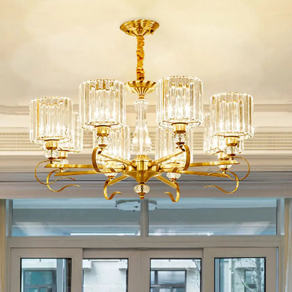 Contemporary Faceted Crystal Cylinder Chandelier - Brass Ceiling Pendant Light With 3/6/8 Bulbs
