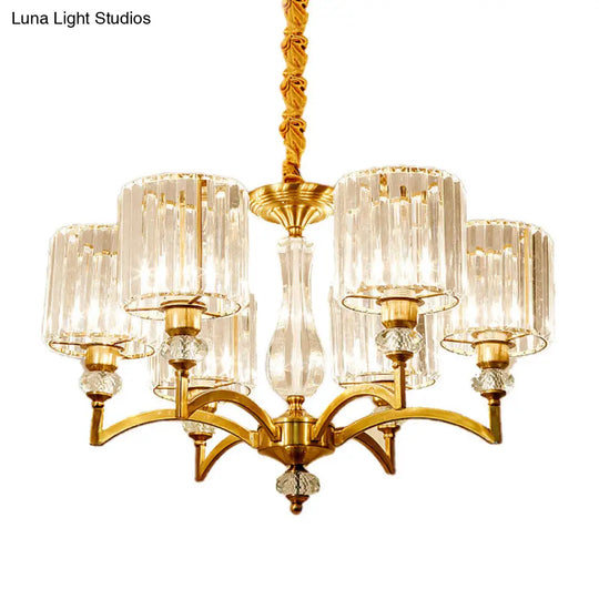 Contemporary Faceted Crystal Cylinder Chandelier - Brass Ceiling Pendant Light With 3/6/8 Bulbs