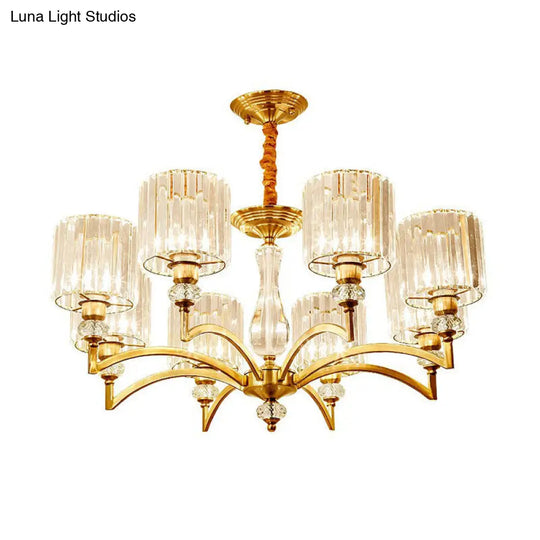 Contemporary Cylinder Chandelier With Crystal Facets - Brass Pendant Ceiling Light