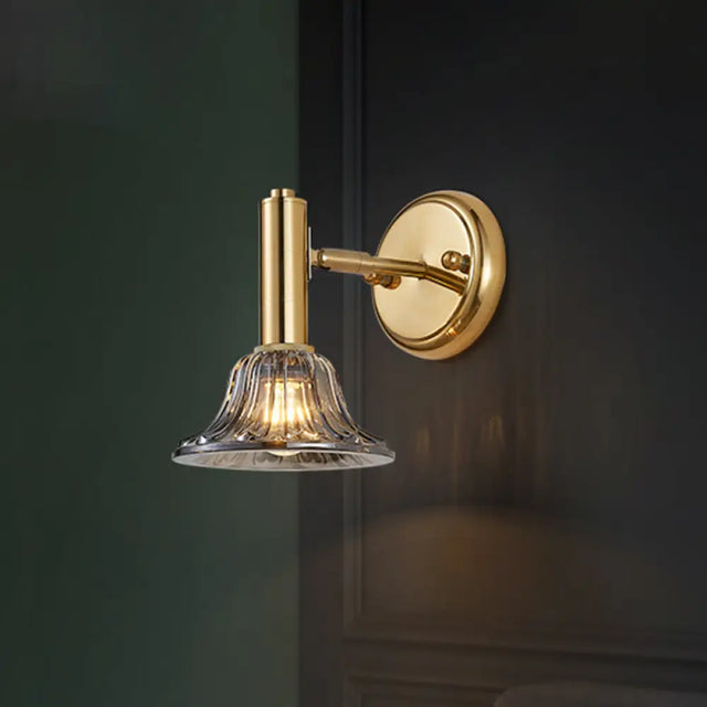 Contemporary Flared Wall Mount Gold Lamp With Clear Crystal Glass - Bedside Light