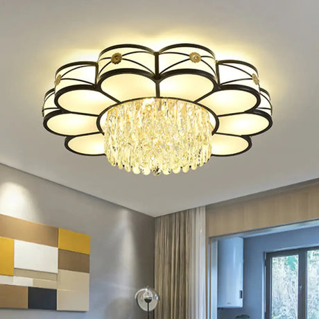 Contemporary Floral Draping Ceiling Lamp - 4/10 Bulbs Clear Crystal Black Finish 16’/28.5’ Wide
