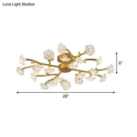 Contemporary Floral Semi Flushmount Ceiling Lamp In Brass - 24 - Light Metallic Flush For Bedroom